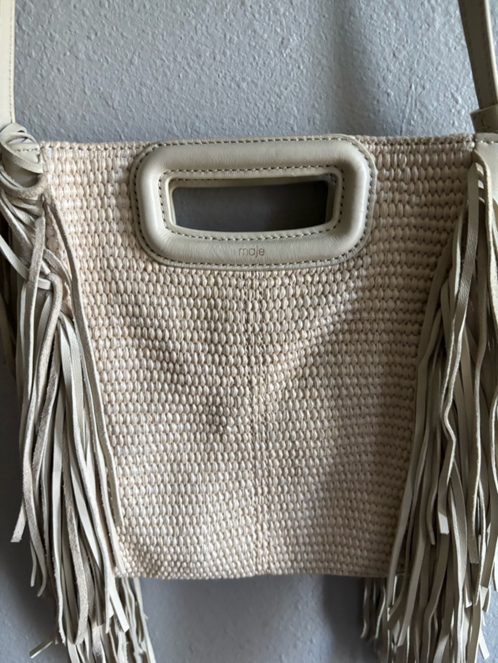 Maje M crossbody bag Cream Raffia Fringe Cutout Handle